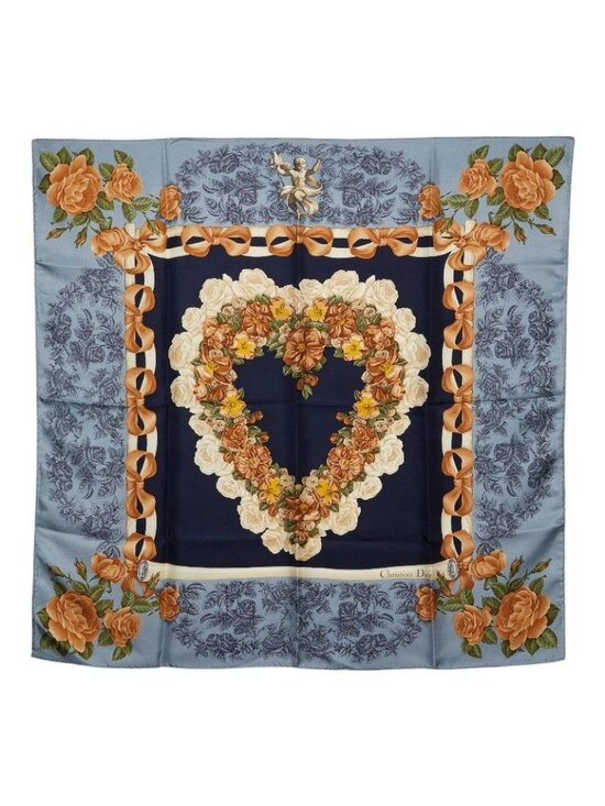 Christian Dior Accessories - Dior Logo Flower Heart Motif Scarf Navy Blue Multicolor Silk